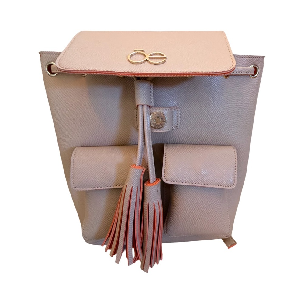 Ōe Mini Backpack Gray Faux‎ Leather Tassel Drawstring Top Flap Pockets - Picture 3 of 8